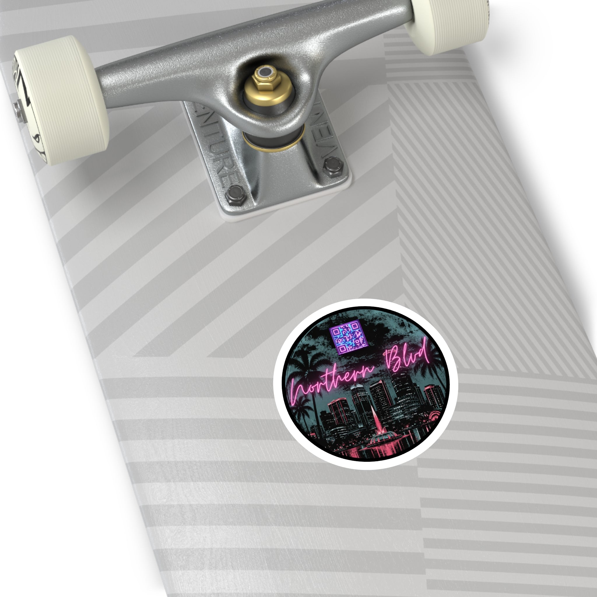 Neon City Round Sticker — 'Northern Blvd' Retro Palm Skyline (Indoor/Outdoor)