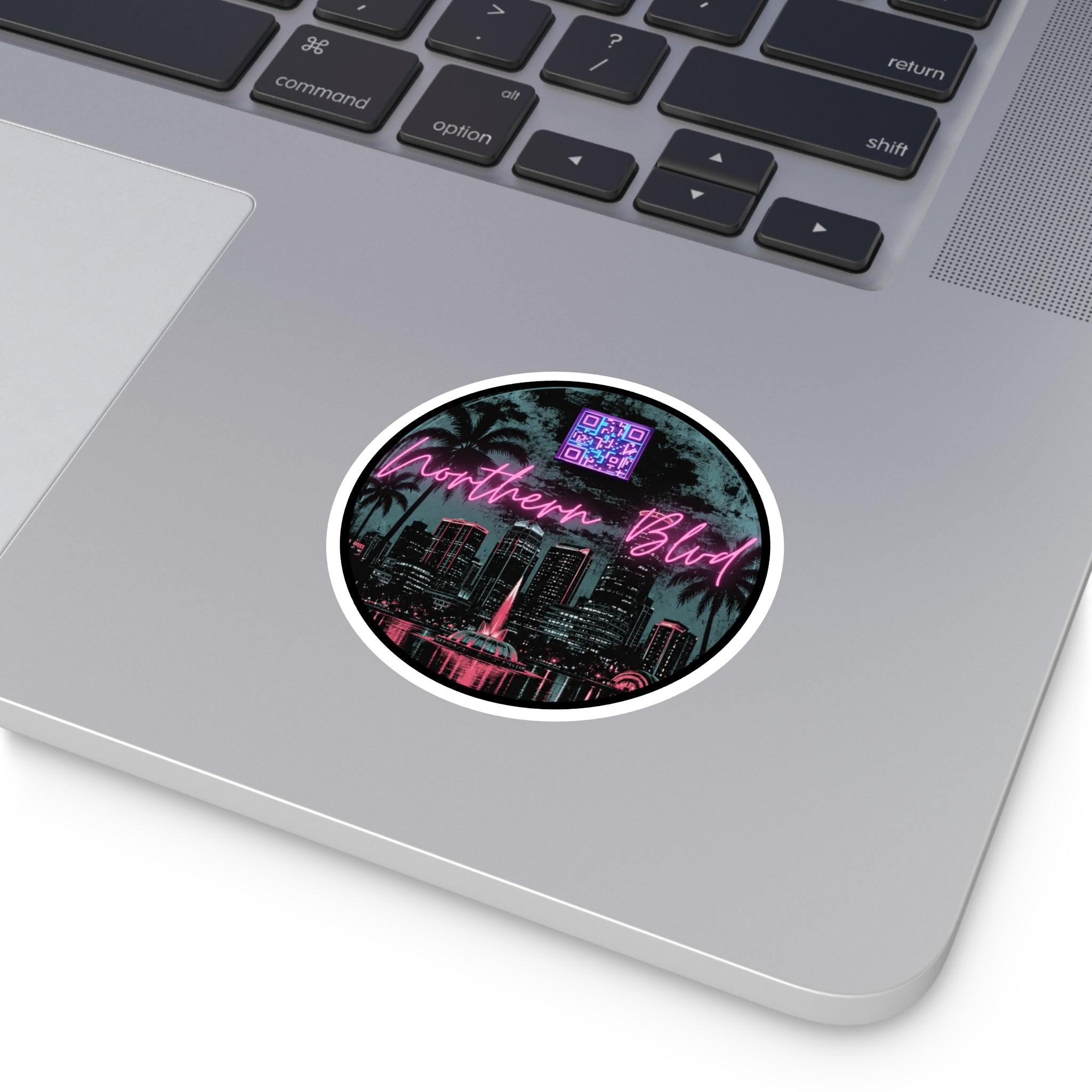 Neon City Round Sticker — 'Northern Blvd' Retro Palm Skyline (Indoor/Outdoor)