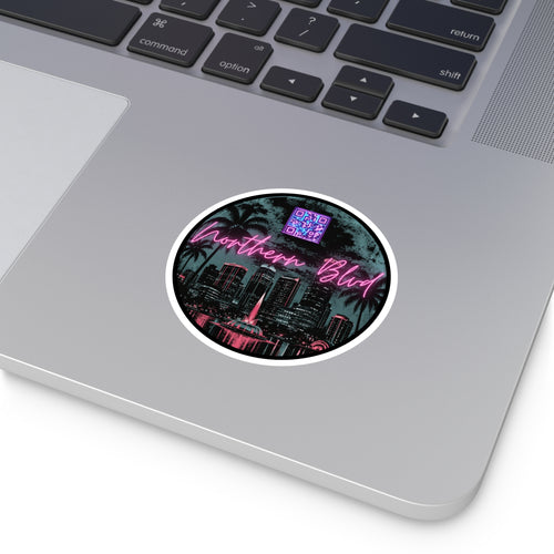 Neon City Round Sticker — 'Northern Blvd' Retro Palm Skyline (Indoor/Outdoor)