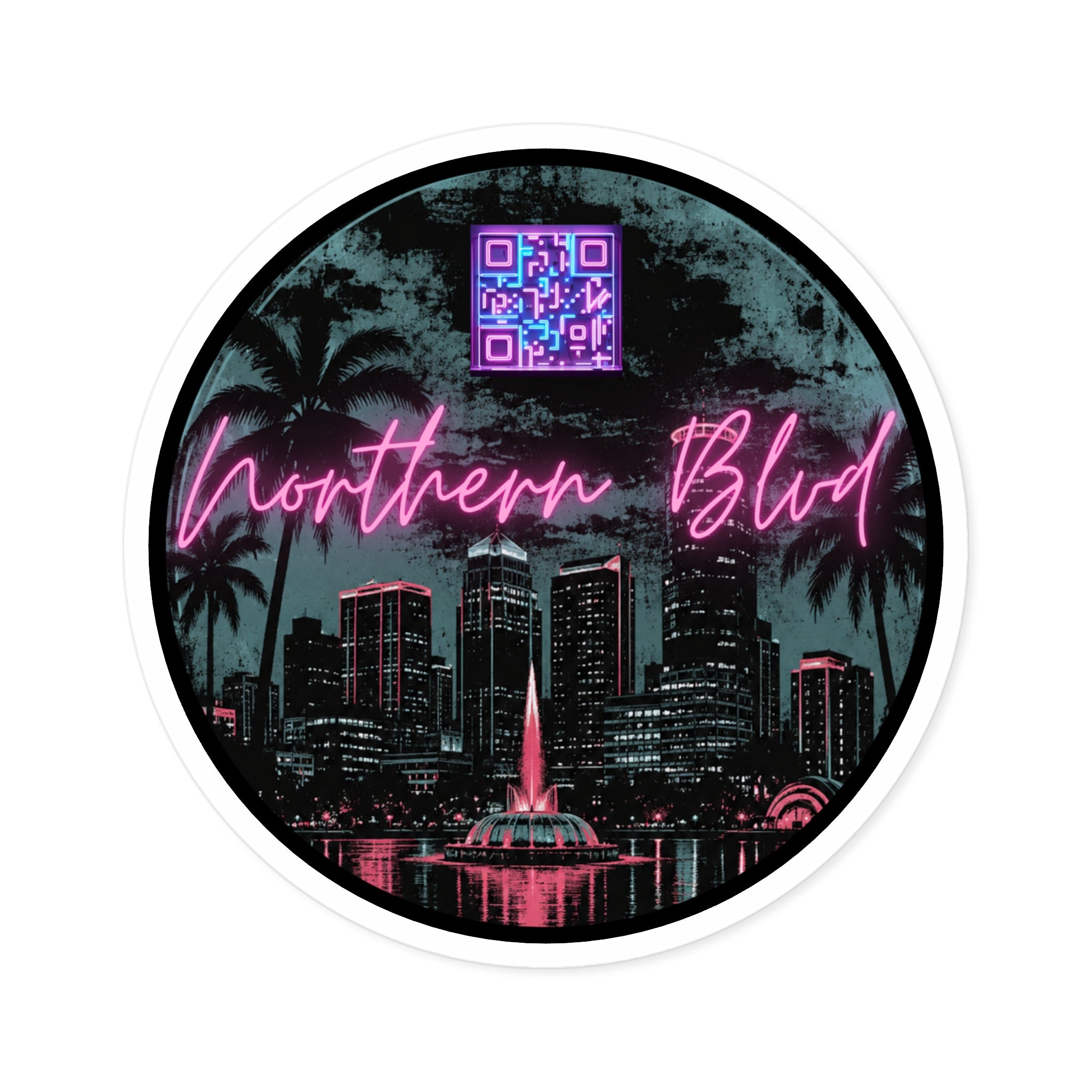 Neon City Round Sticker — 'Northern Blvd' Retro Palm Skyline (Indoor/Outdoor)
