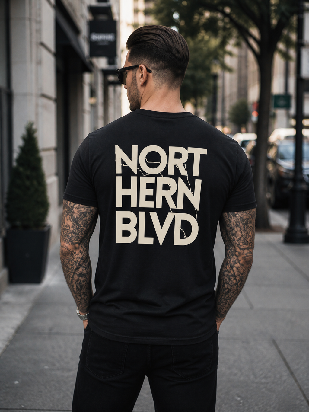 Northern Blvd Black Graphic Tee — 'NB' Chest Logo & Large Back Northern BLVD Typography