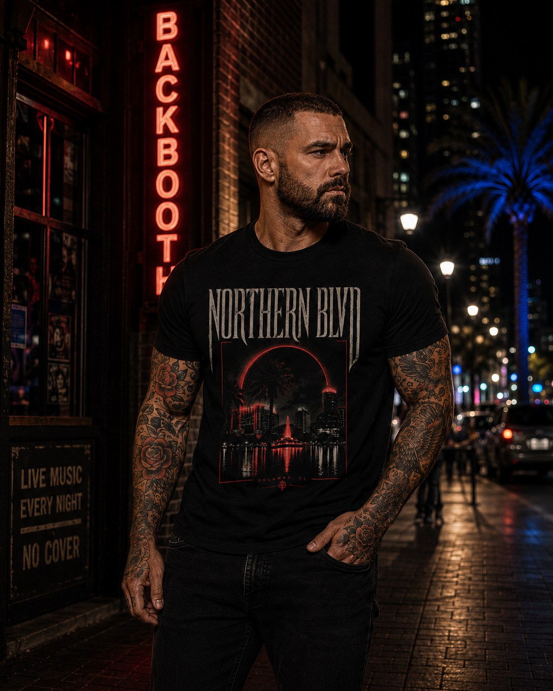 Northern Blvd Retro Orlando Cityscape Tee — Vintage Night Skyline Graphic T-Shirt